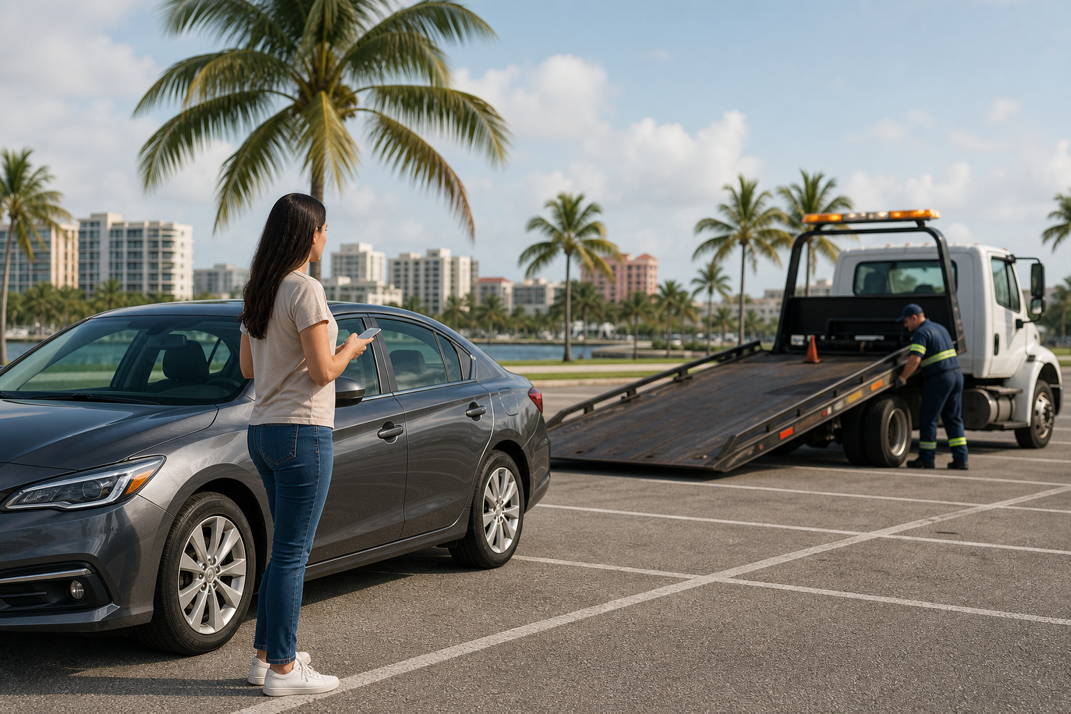 Driver safely waiting beside a disabled car with the hood closed in West Palm Beach, Florida