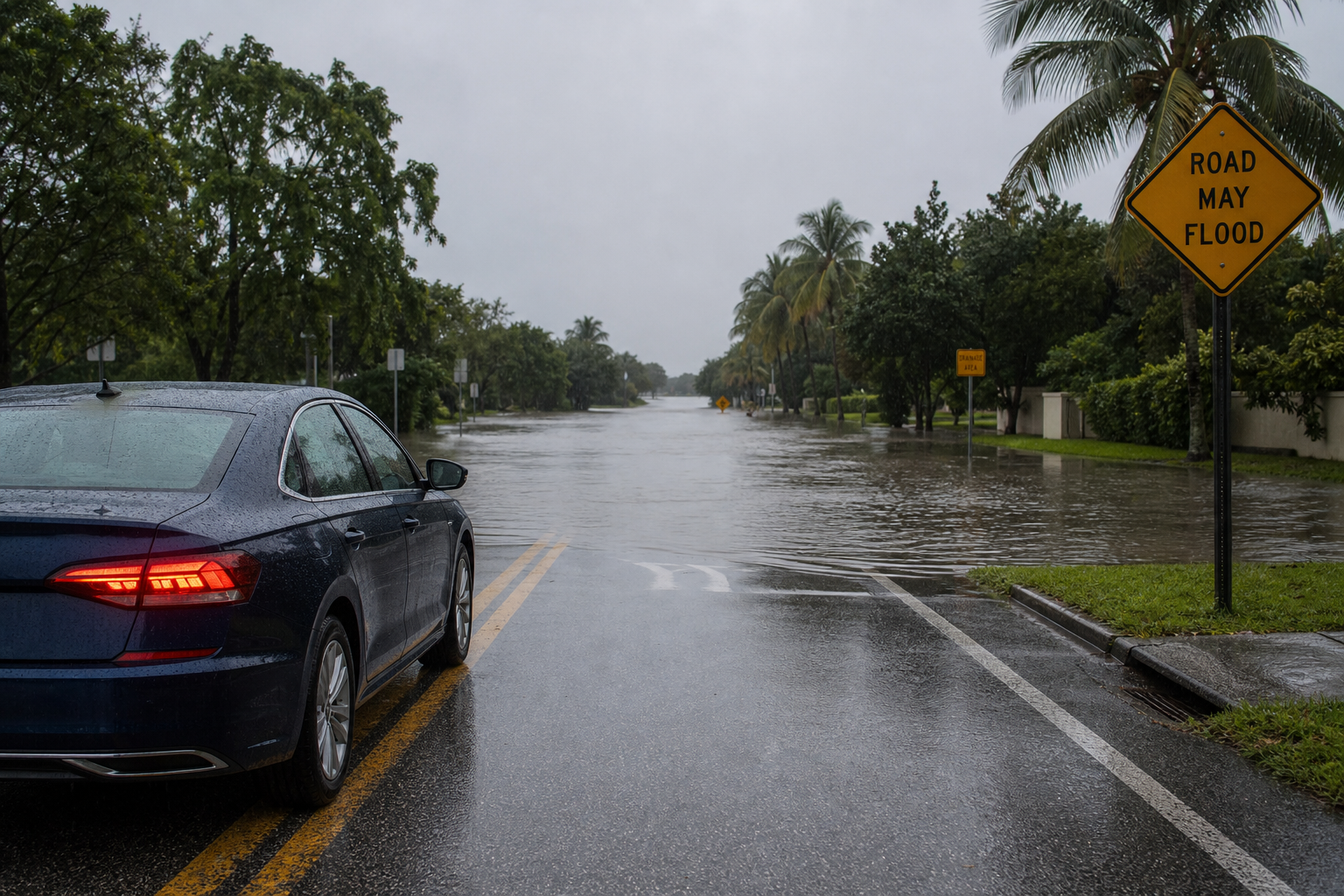 Passenger vehicle stopped safely before a flooded roadway during heavy rain