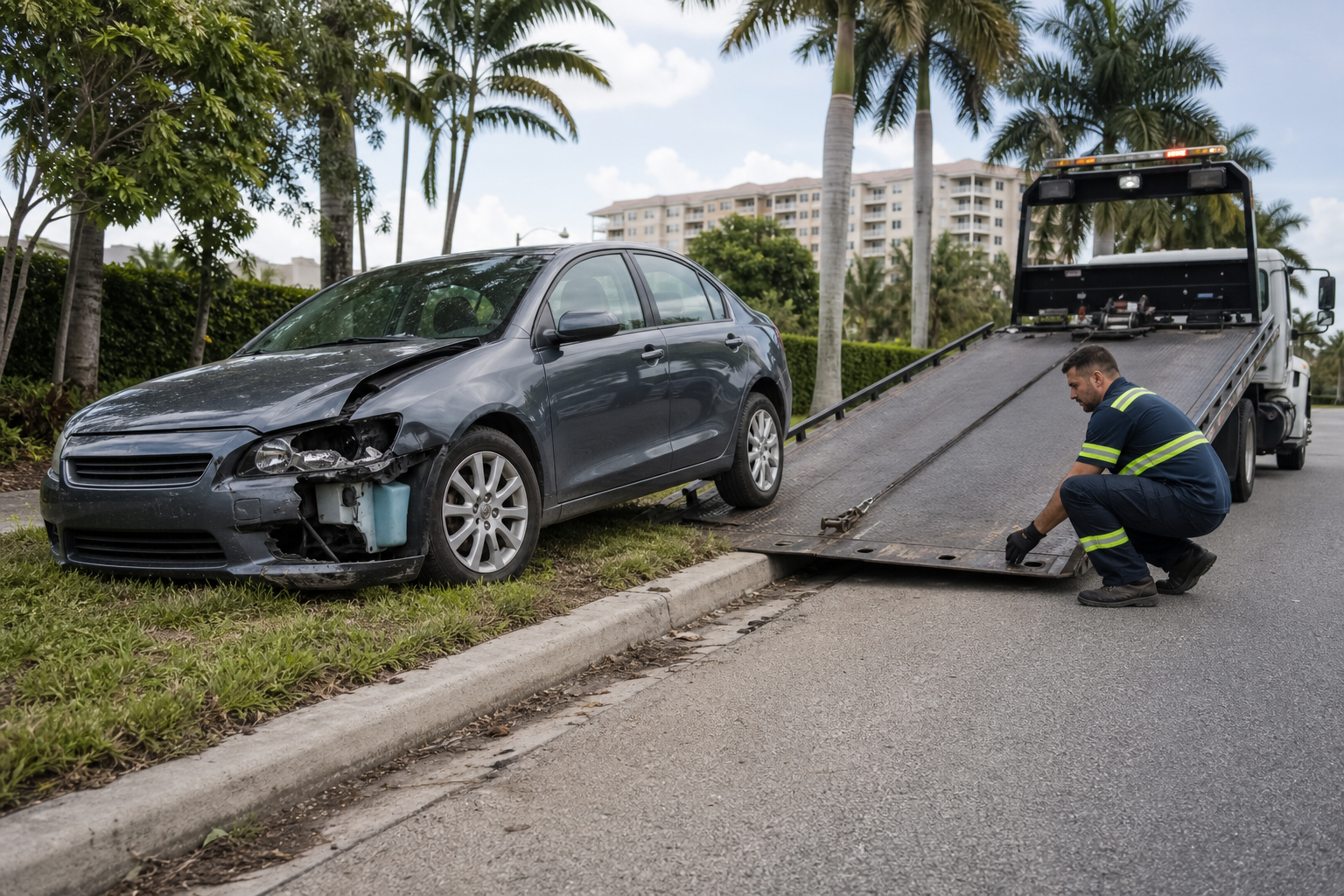 Flatbed tow operator preparing to load a collision-damaged car at a safe roadside location in West Palm Beach, Florida