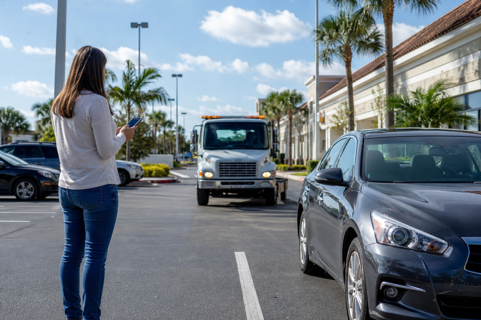 Driver safely waiting beside a disabled car in a parking area in West Palm Beach after the engine would not start