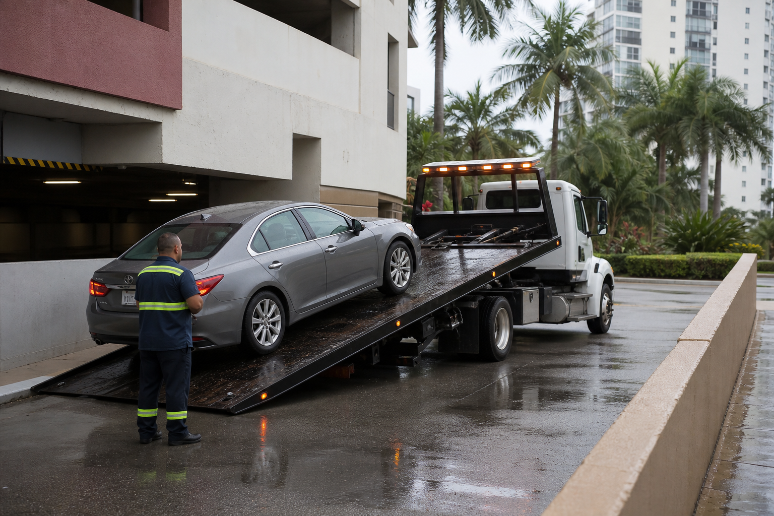 Flatbed tow truck loading a disabled sedan near a constrained parking-garage exit in West Palm Beach