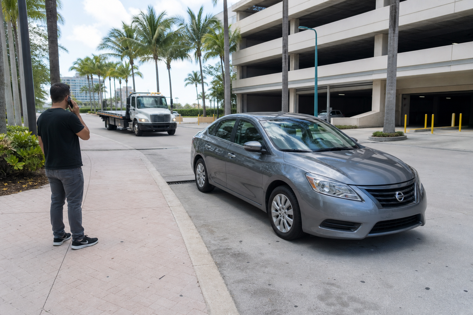 Driver stopped safely near the exit of a West Palm Beach parking garage after losing braking response