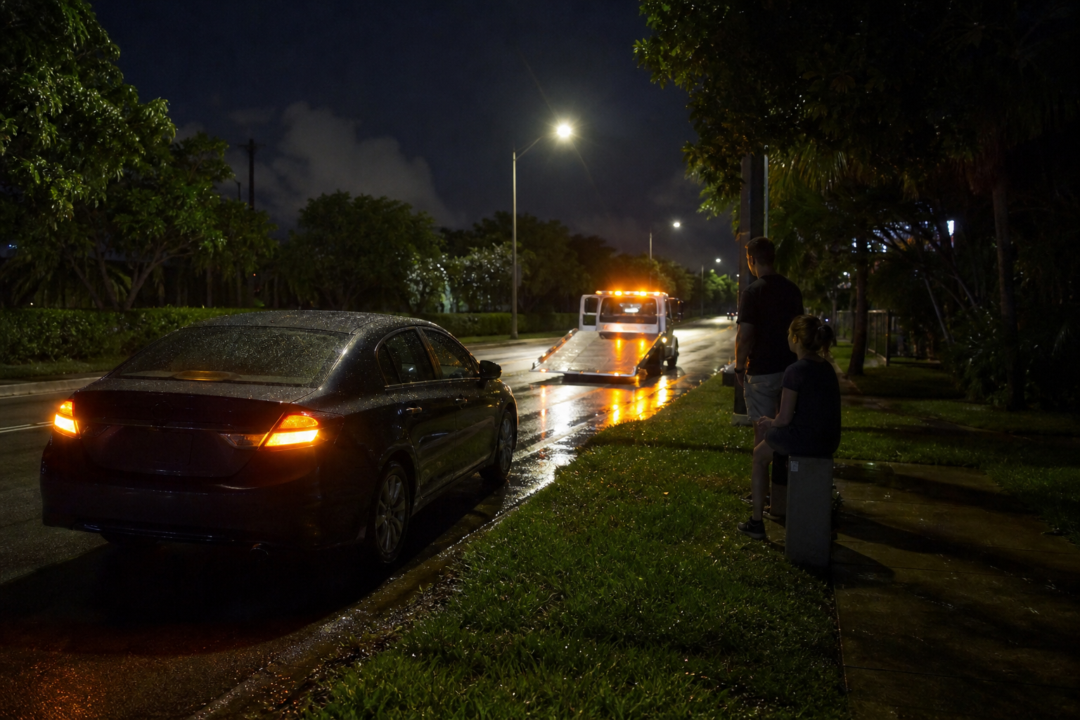 Stranded car with hazard lights on beside a wet West Palm Beach roadway at night as a tow truck approaches
