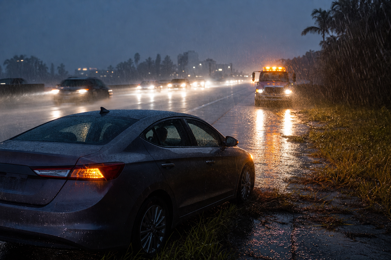 Disabled car safely positioned off the roadway during heavy rain in West Palm Beach, Florida
