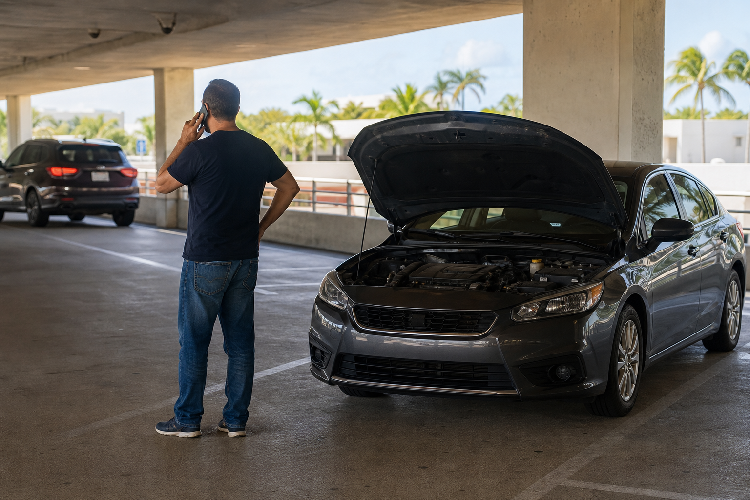 Driver beside a disabled sedan in a covered parking garage near Palm Beach International Airport in West Palm Beach