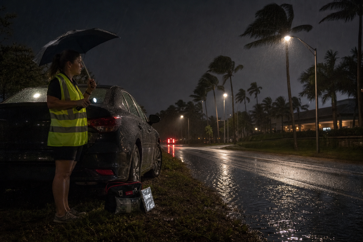 Driver standing safely beside a disabled car at night during rain in West Palm Beach with a flashlight and reflective safety vest