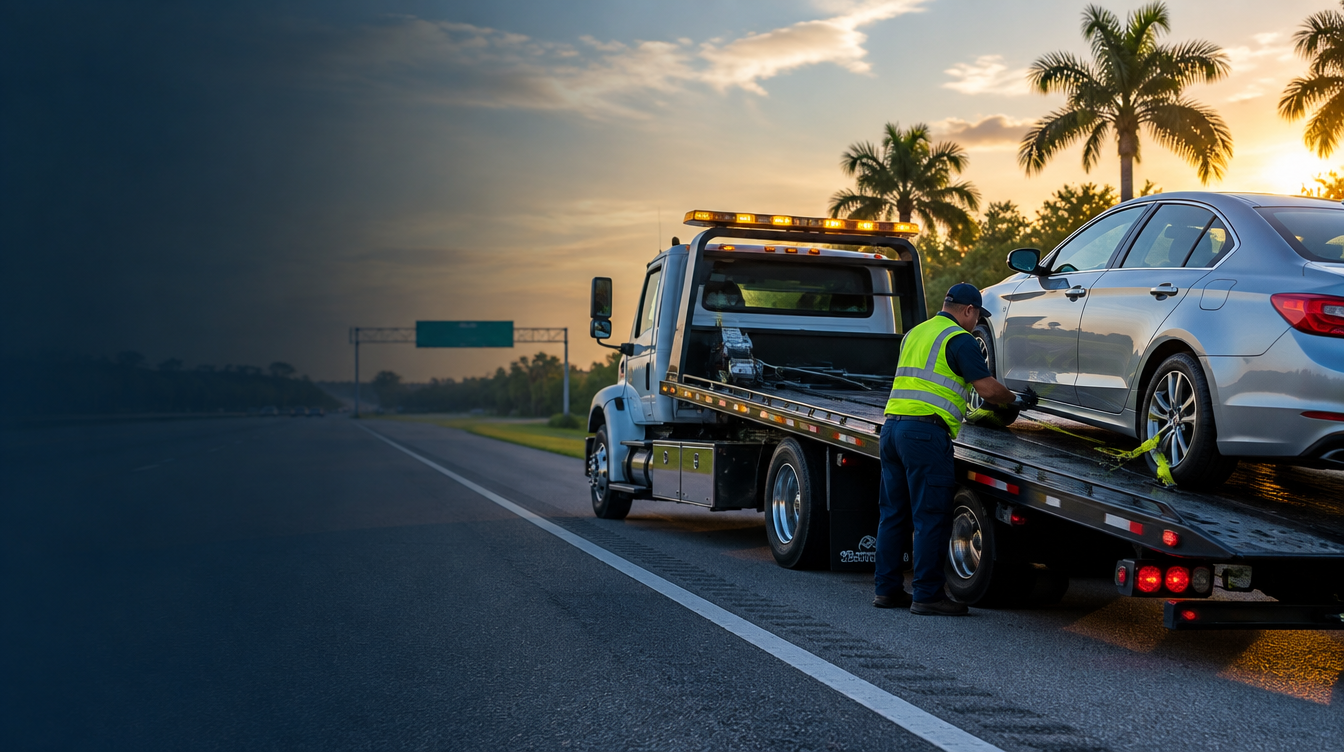 Tow operator loading a car onto a flatbed on a Florida highway