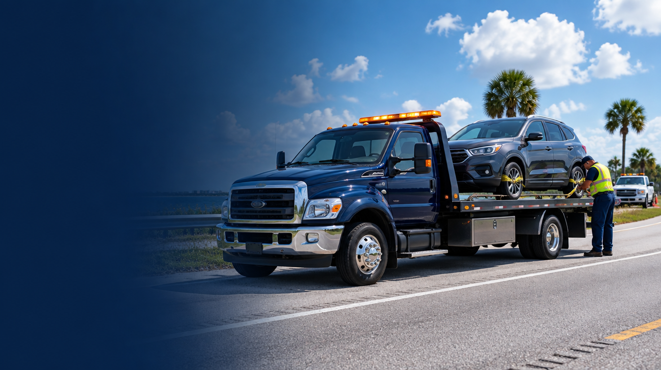 Professional flatbed tow truck carrying an SUV in Florida